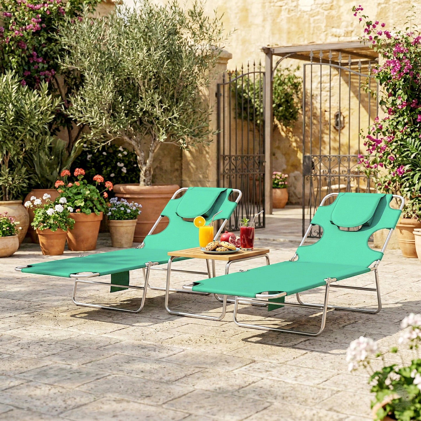 Outsunny 5 Position Adjustable Sun Loungers Set Of 2 With Reading Hole And Side Pocket Green