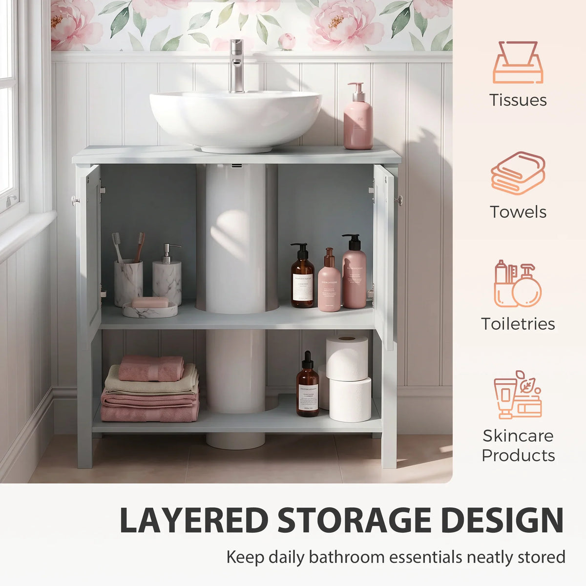 Light blue bathroom under-sink cabinet with two doors and interior shelving
