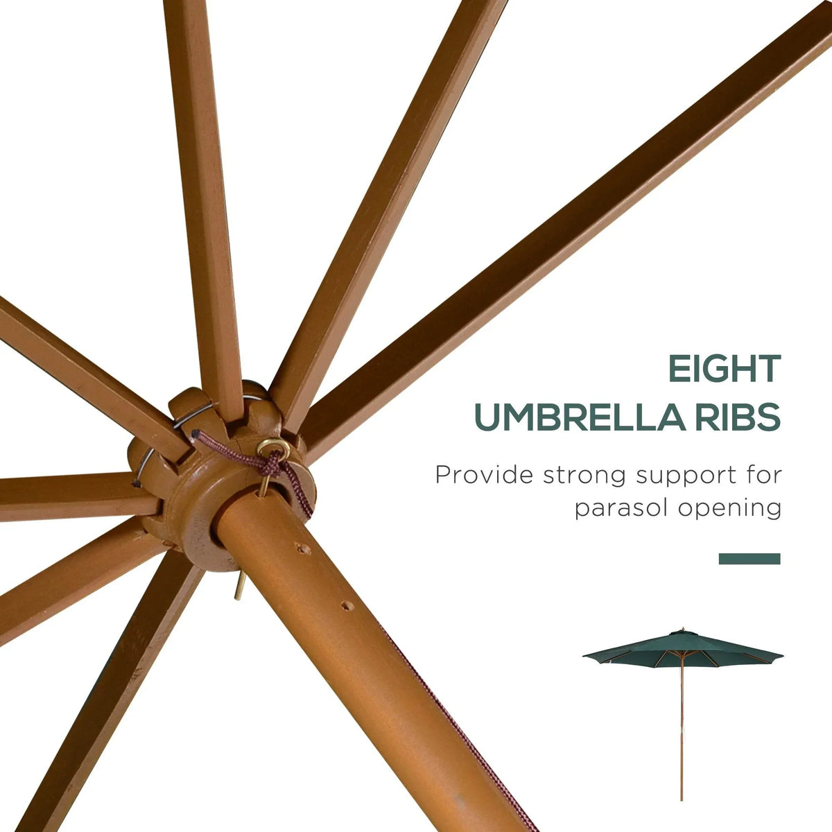 Close-up of wooden umbrella ribs and center hub for dark green parasol support