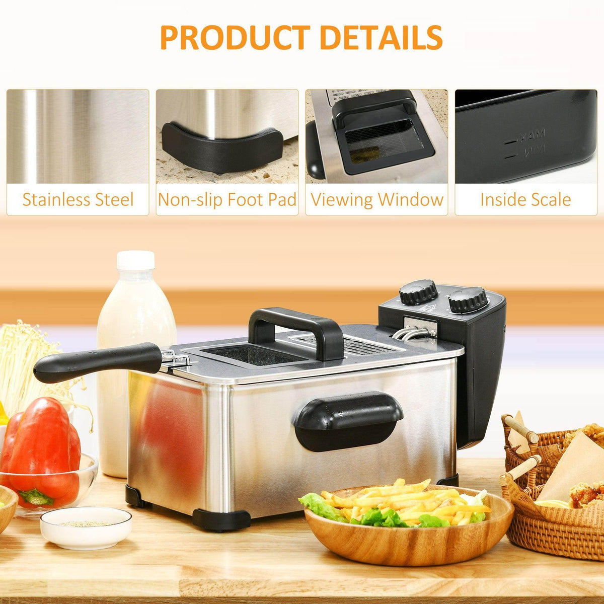 Stainless steel deep fat fryer with black non-slip feet and viewing window
