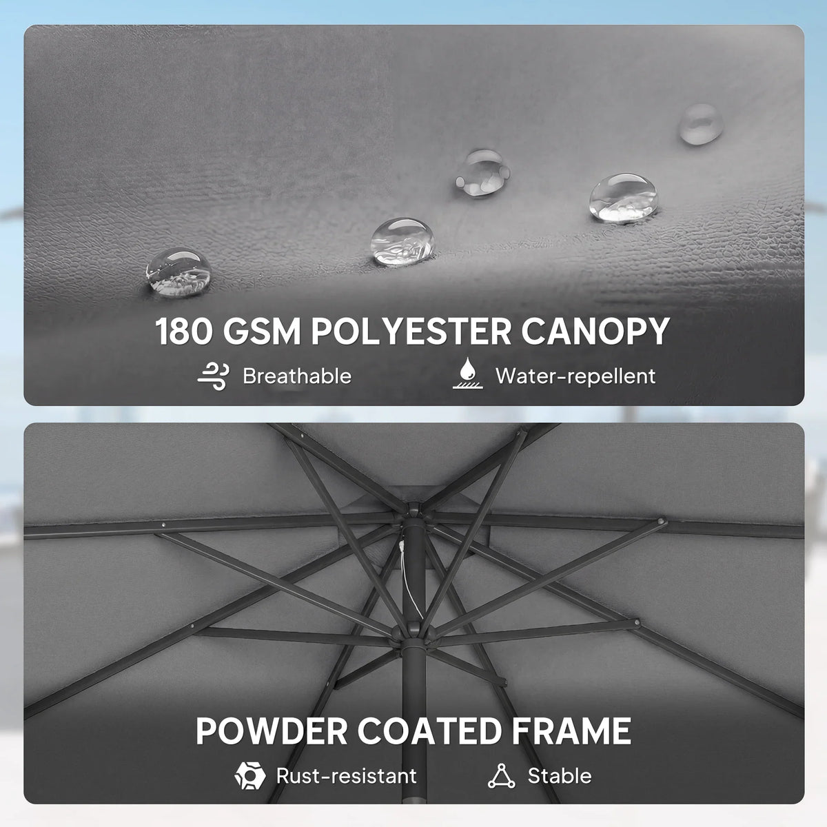 Dark grey umbrella canopy fabric and powder-coated frame with cross ribs
