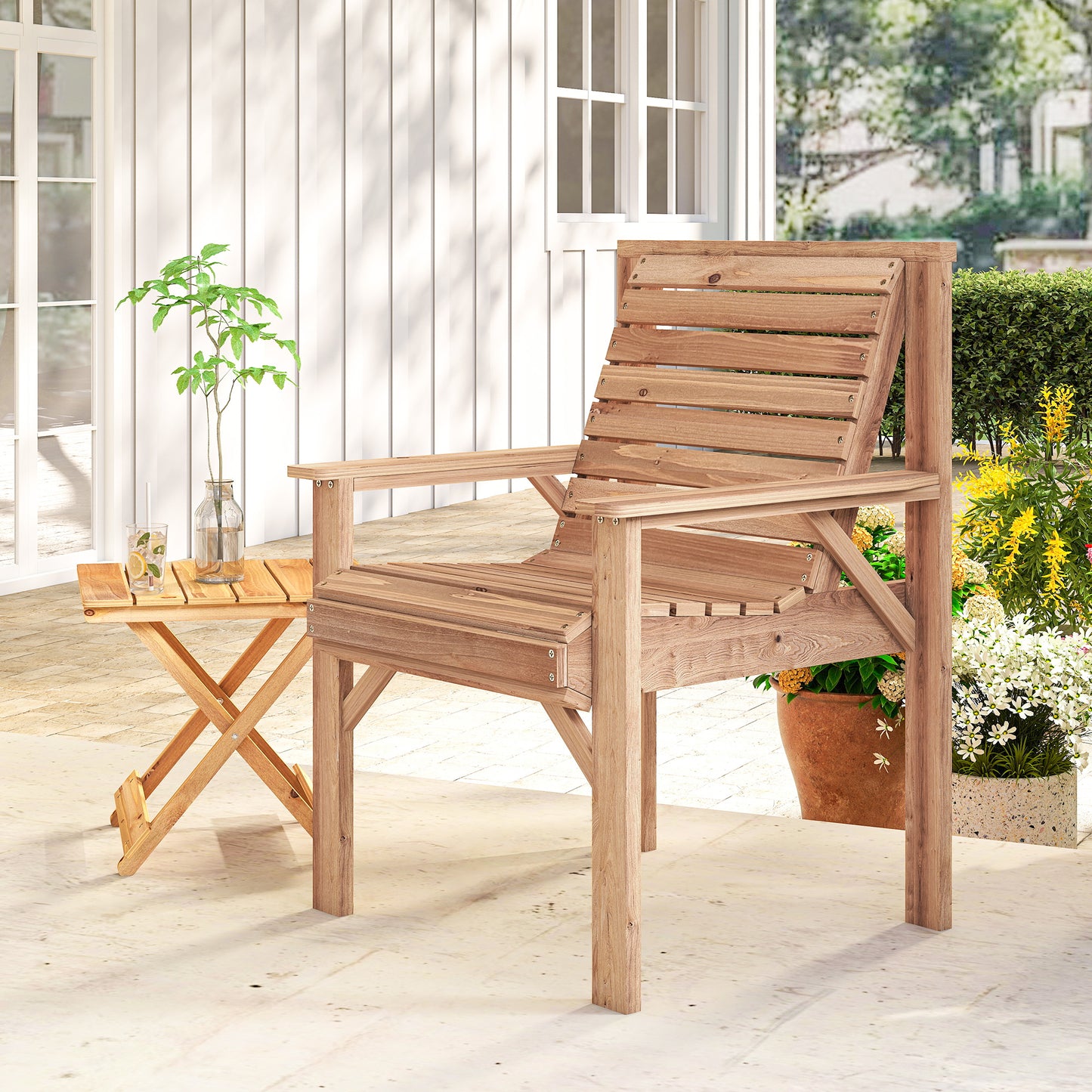 Outsunny Wooden Garden Dining Chair Outdoor Armchair With Curved Seat And Wide Armrests Natural Wood Finish