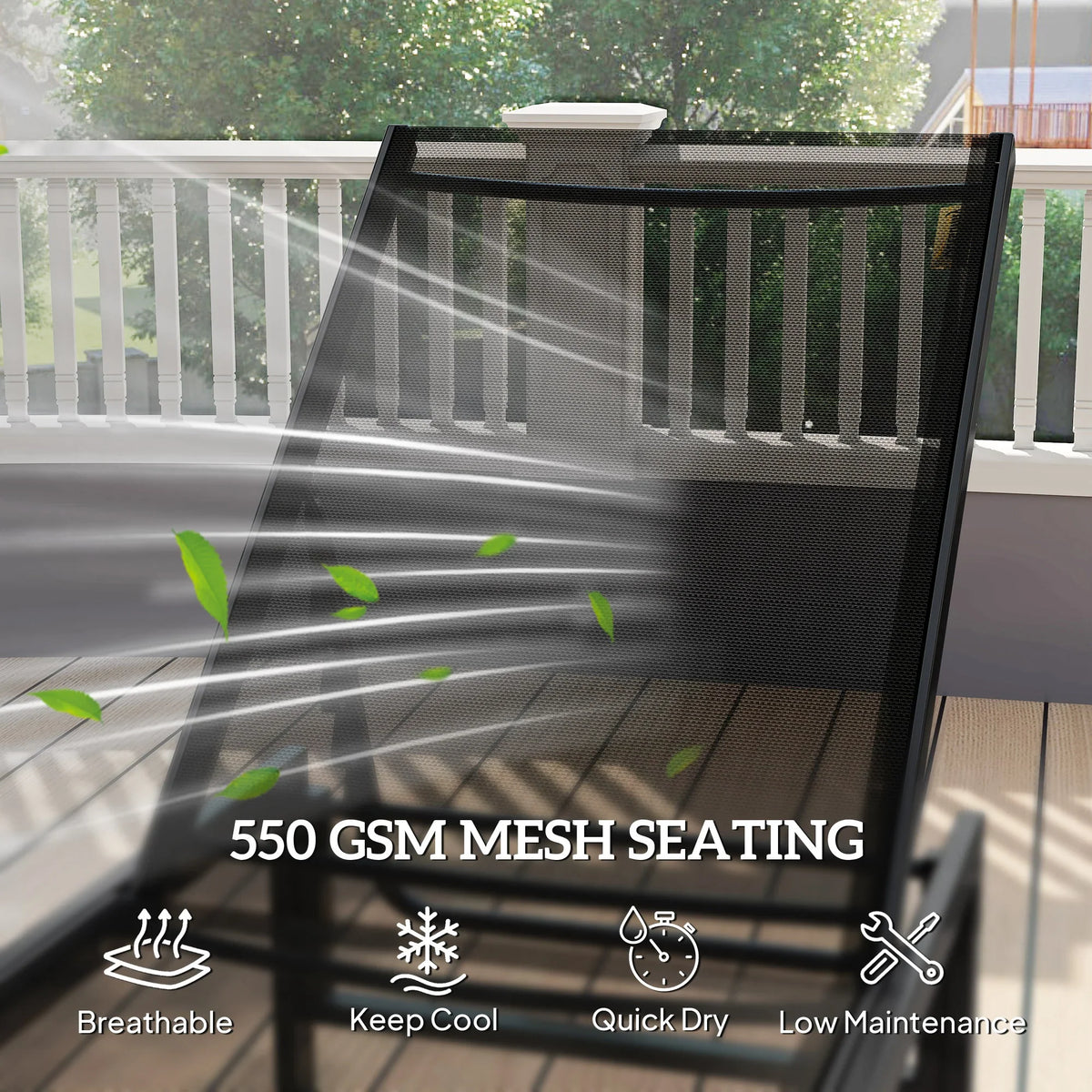 Black breathable mesh sun lounger backrest with reclining frame.