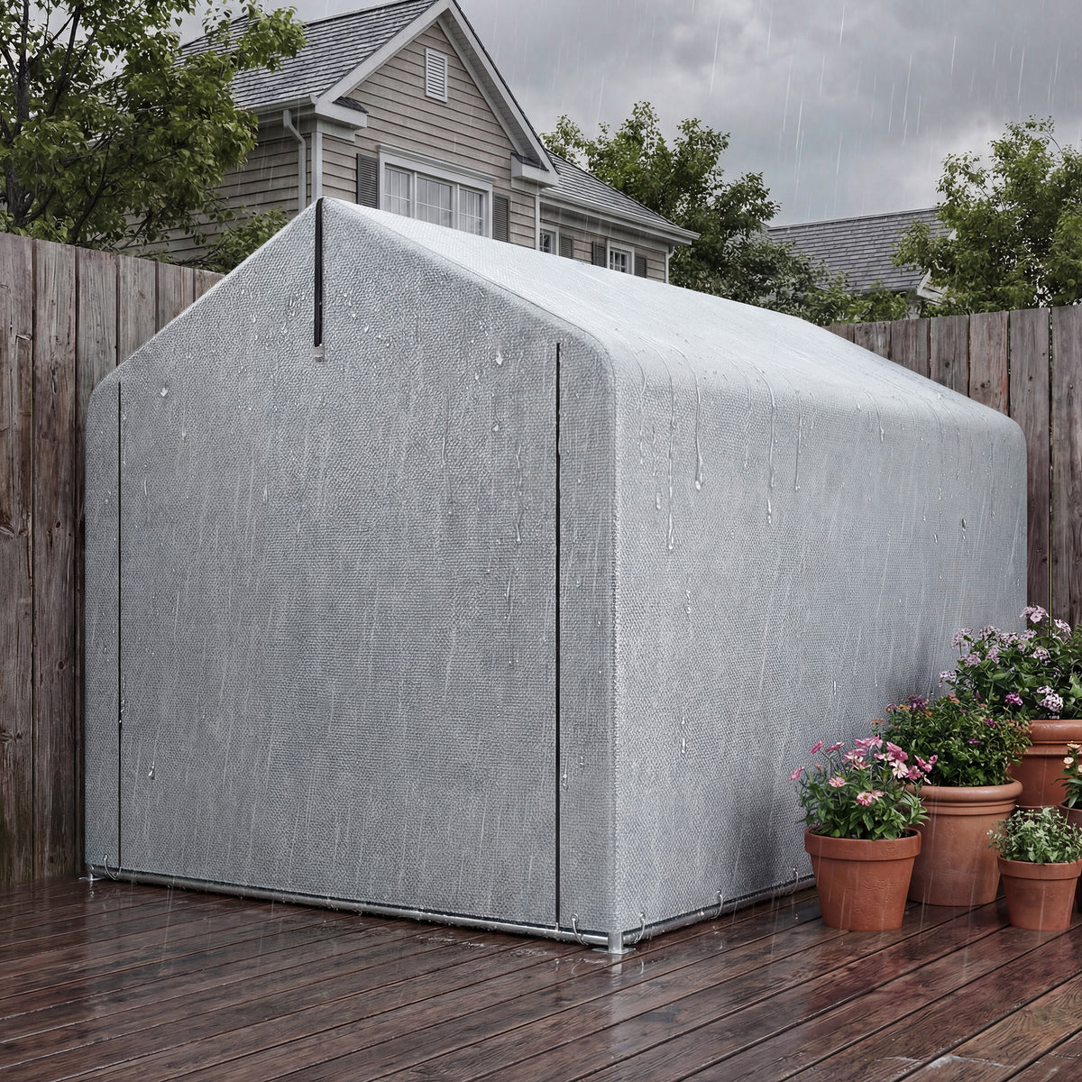 Waterproof garden shed with zipped door, gray fabric cover on outdoor deck