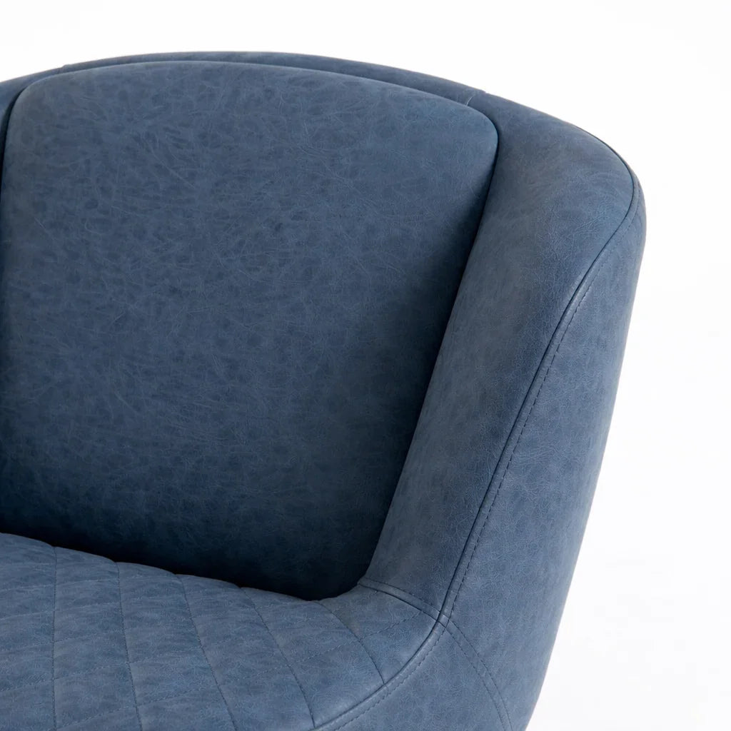 Dark blue bar stool backrest with curved shell and stitched faux leather look