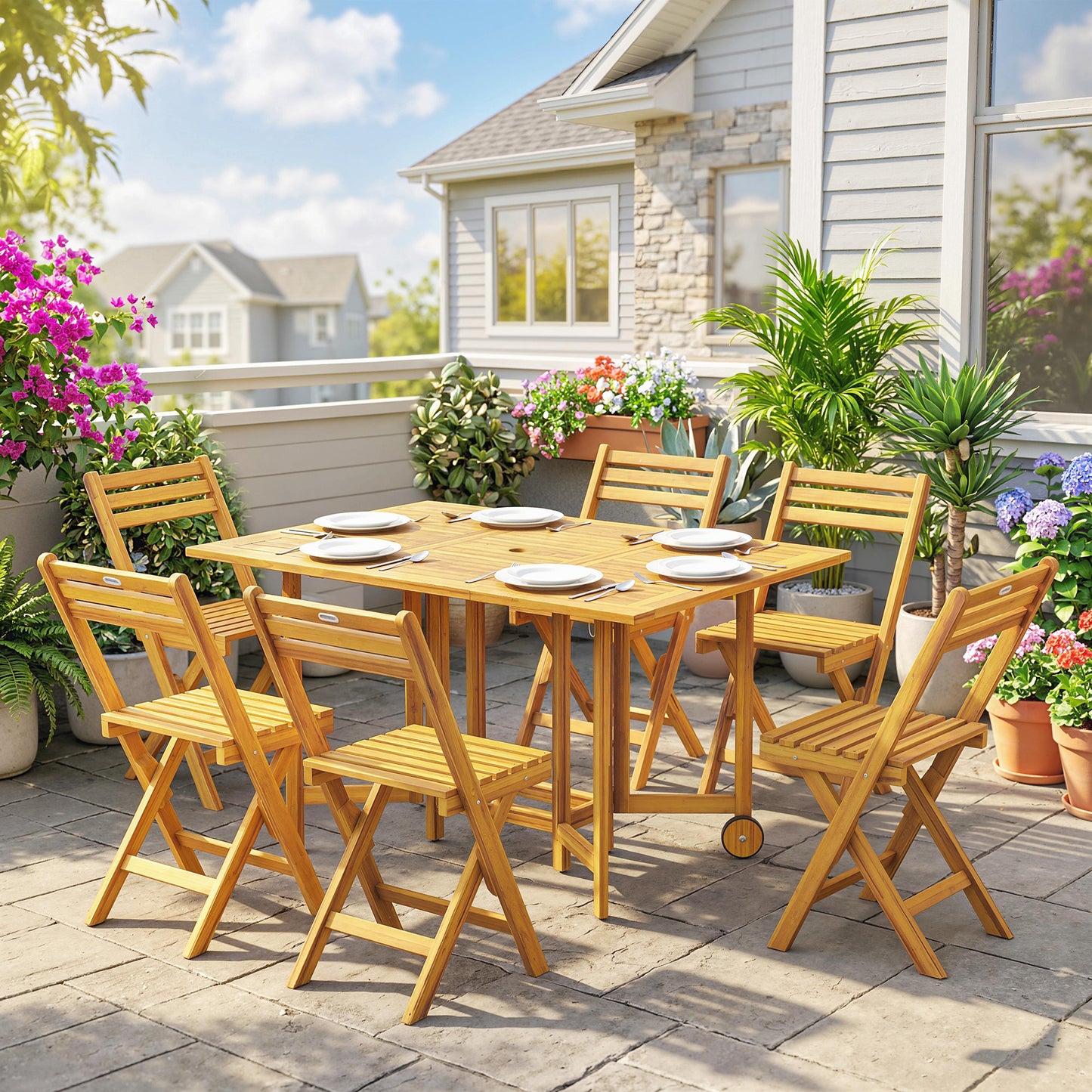 Outsunny 7 Piece Garden Dining Set Extending Table And Six Folding Chairs With Umbrella Hole For Patio Natural Wood