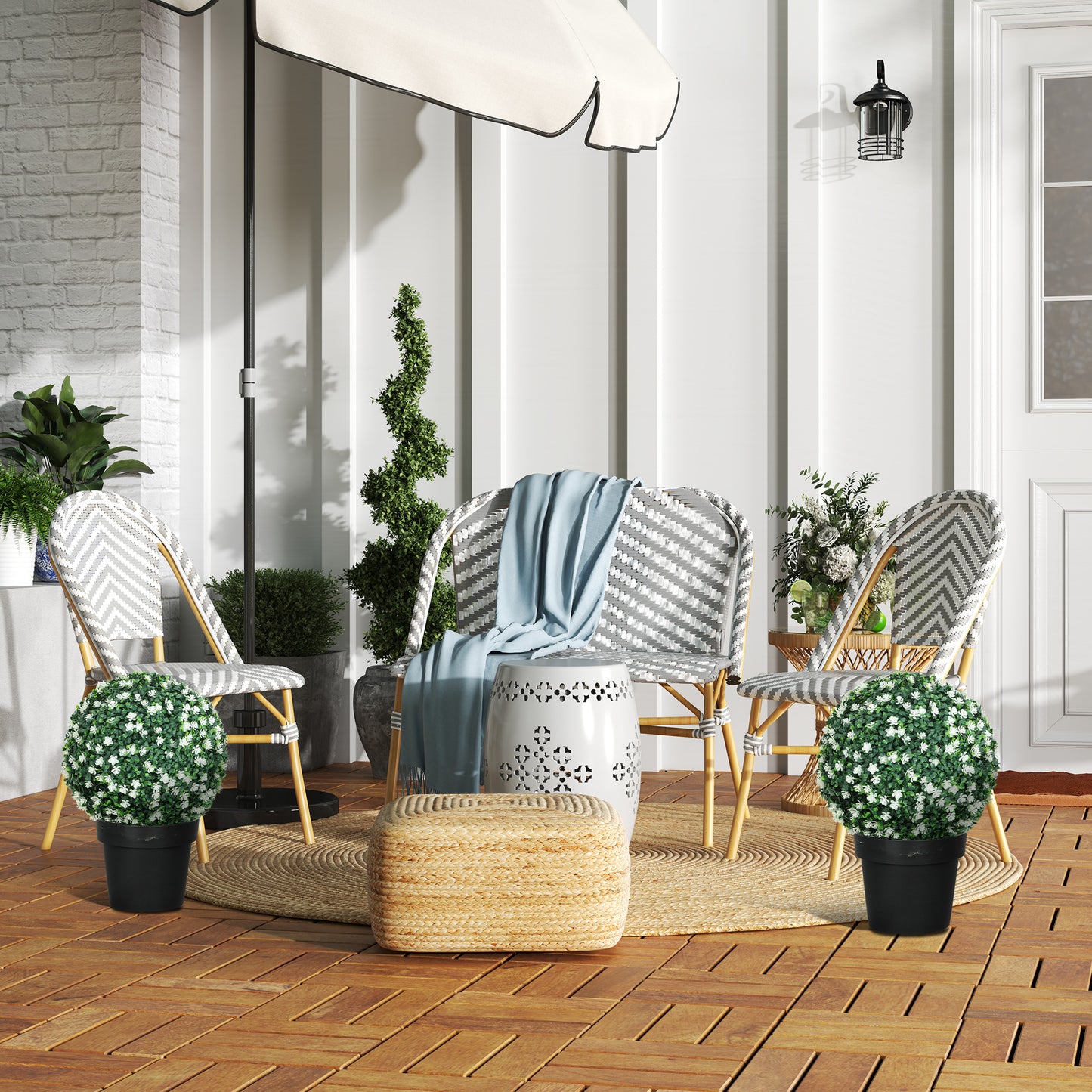 HOMCOM Set of Two Artificial Boxwood Balls White for Indoor or Outdoor Decor Realistic Thick Plastic