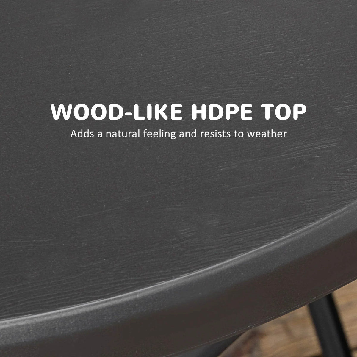 Wood-like HDF top on a dark round foldable outdoor dining table