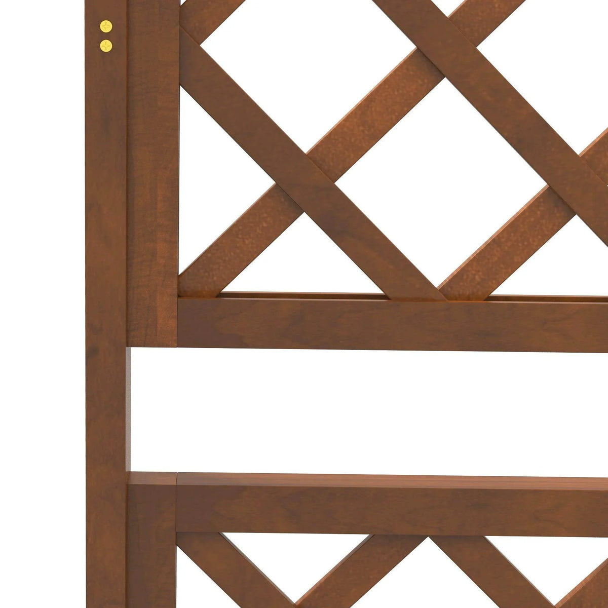 Close-up of orange wooden trellis lattice with raised planter border