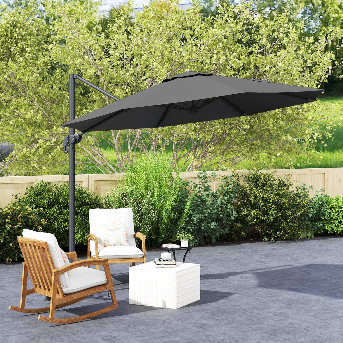 Black cantilever patio parasol with aluminium frame shading lounge chair