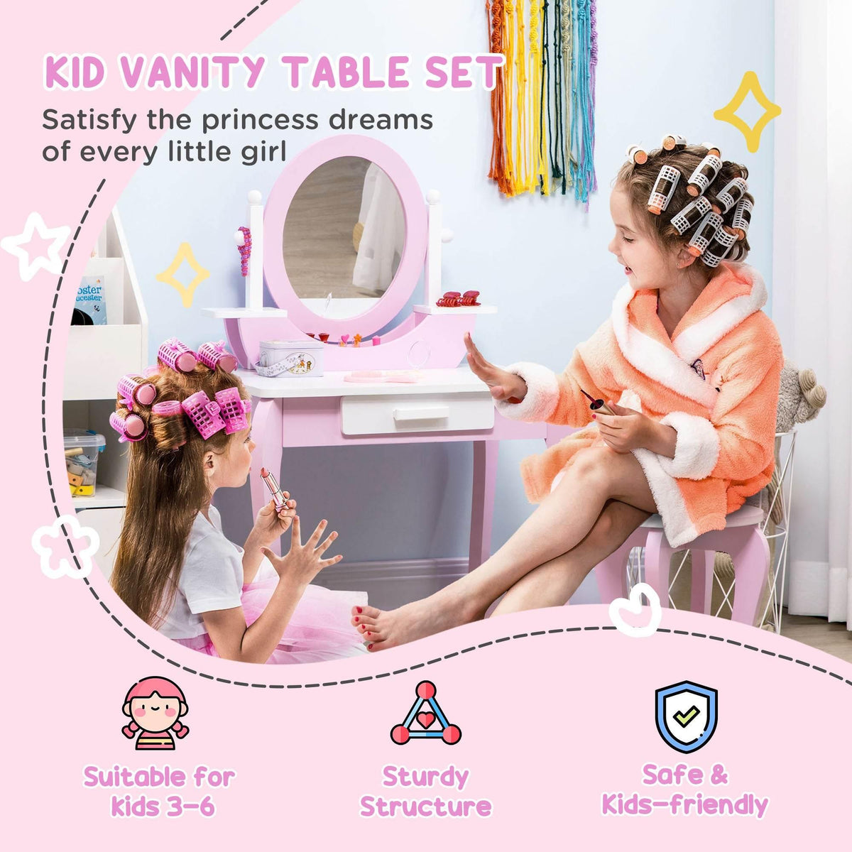 Pink kids vanity table set with round mirror and drawers, sized for ages 3–6