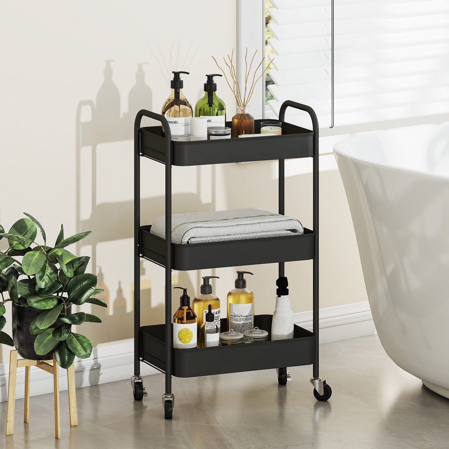 HOMCOM Three Tier Steel Storage Trolley Black Rolling Cart With Three Baskets For Home Kitchen Laundry Office
