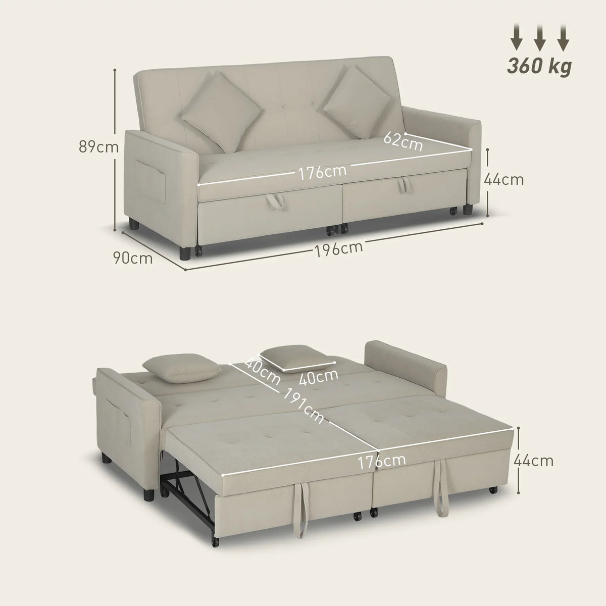 Beige sofa bed with backrest and fold-out seat base, shown with product dimensions and wheels