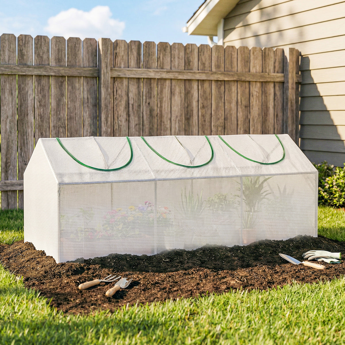 Portable mini greenhouse with white cover and green-trim zip window panels outdoors