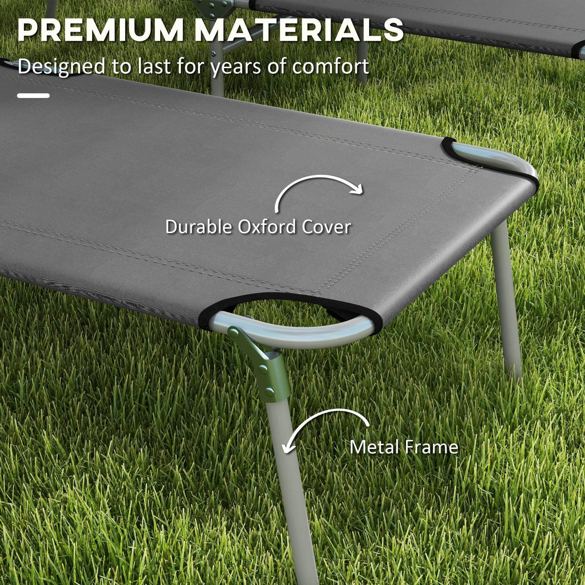 Grey Oxford-style cushion seat on metal frame for a reclining sun lounger