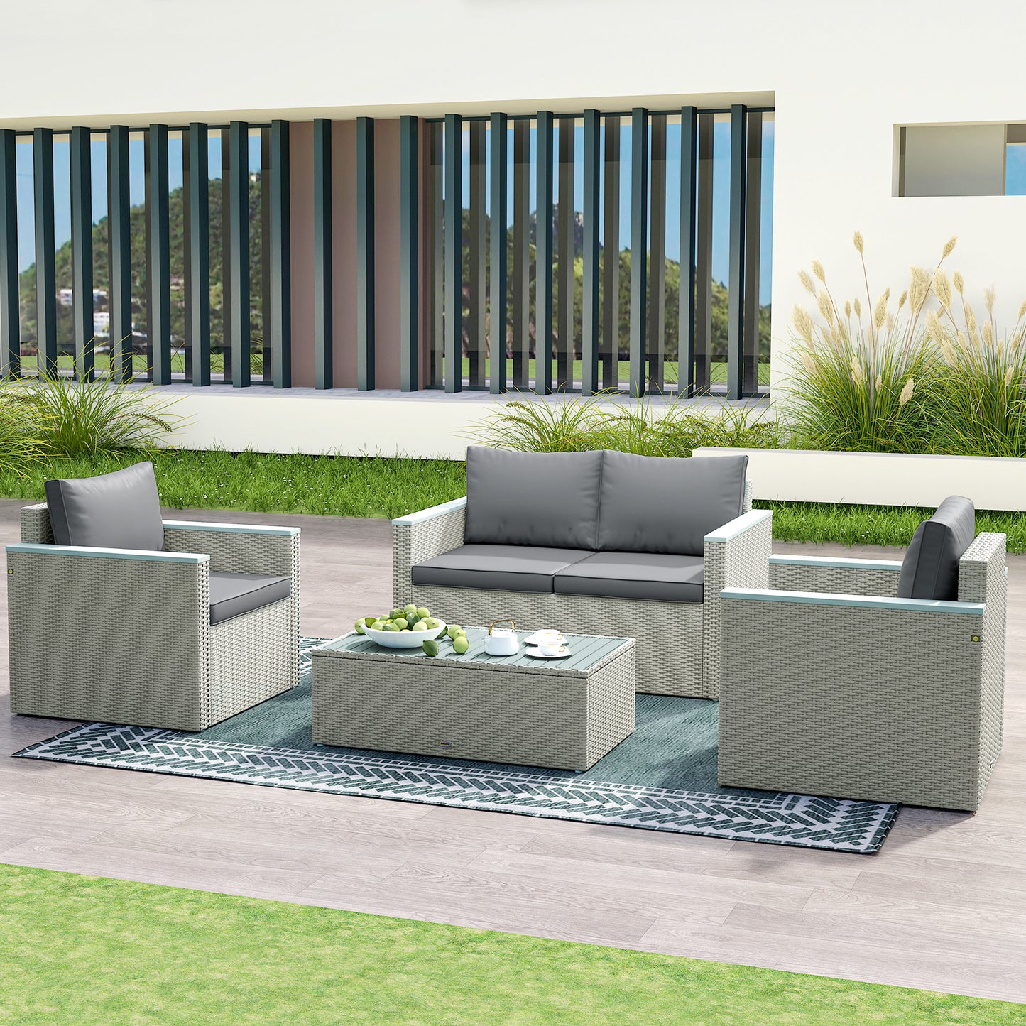 Outsunny Four Piece Rattan Sofa Set With Wood Top Table Outdoor Patio Garden Seating For Four