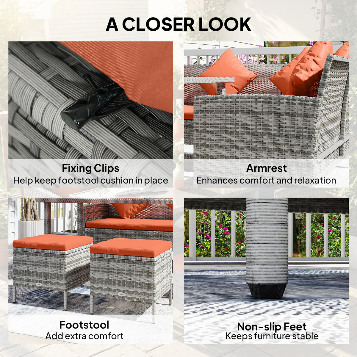 Rattan dining set detail: armrests, footstools, non-slip feet, and cushion fixing clips