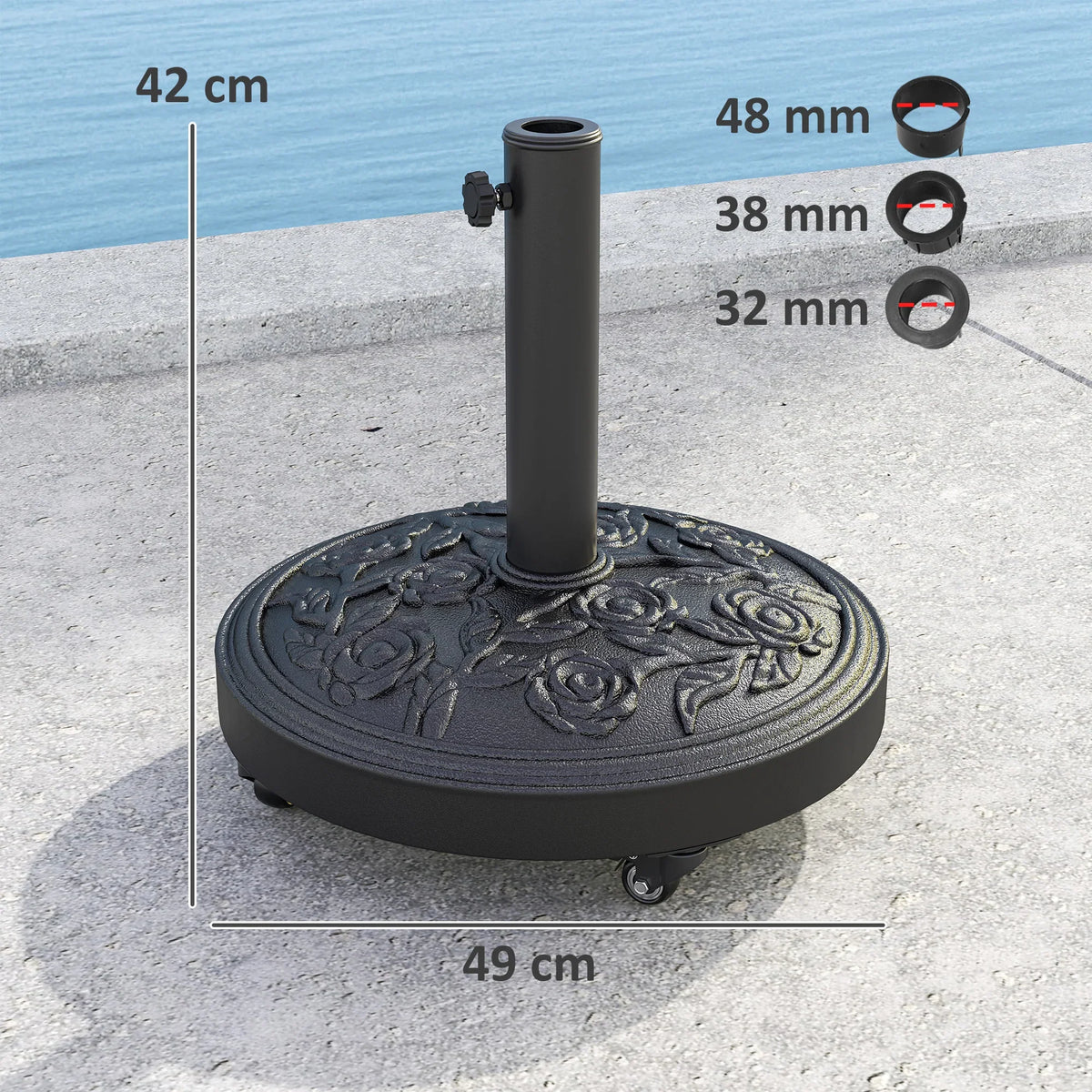 Round black umbrella base with engraved rose pattern and rolling wheels