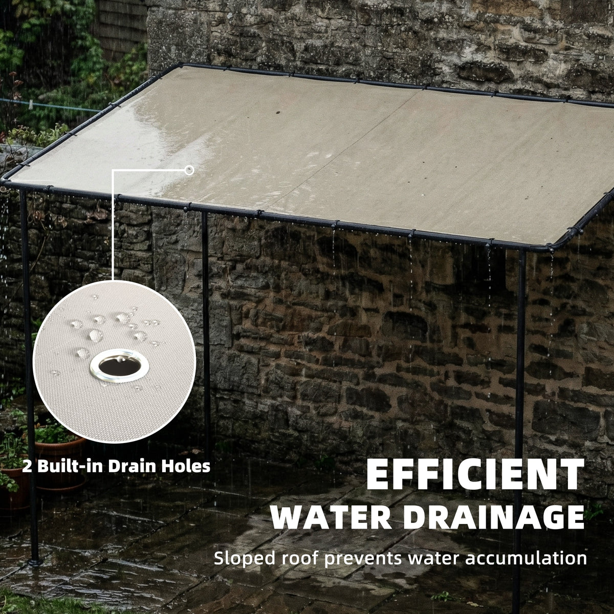 Sloped-top pergola with black metal legs and water-drain base plate