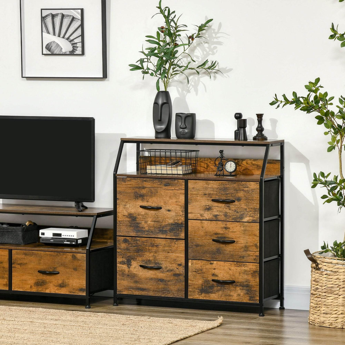 Industrial bedroom dresser with five fabric drawers and open shelf, rustic brown wood-look.