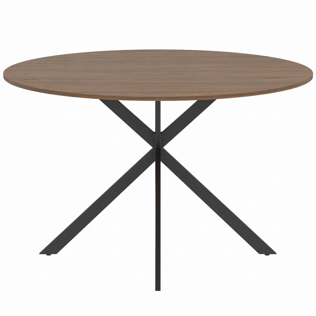 Round dining table with wood-effect brown top and black X-shaped steel legs.
