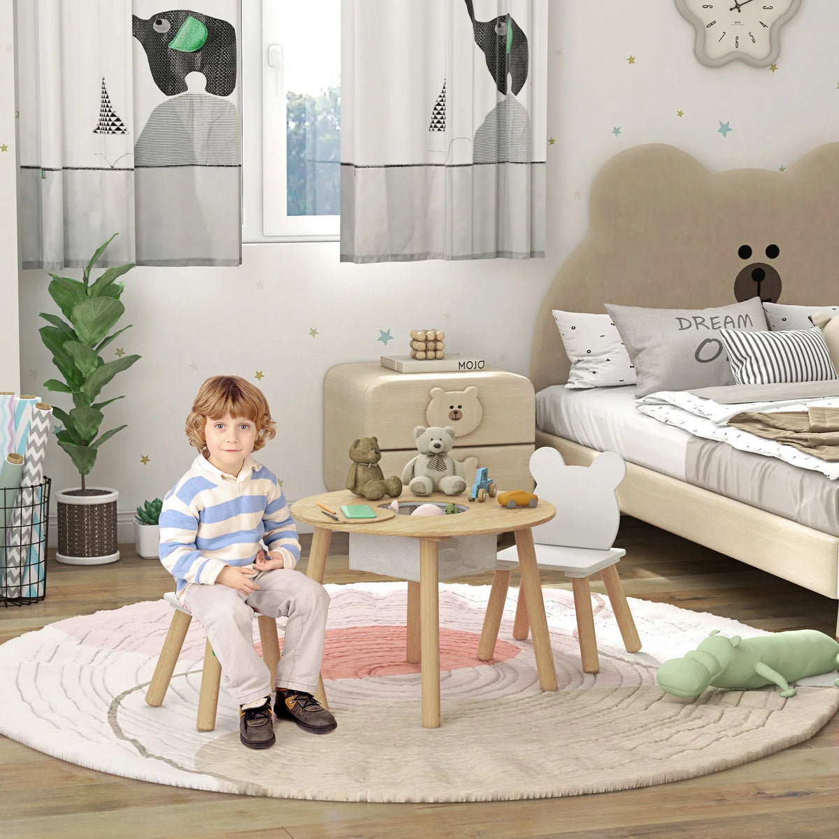Kids activity table set with bear-back chairs and removable mesh storage bag