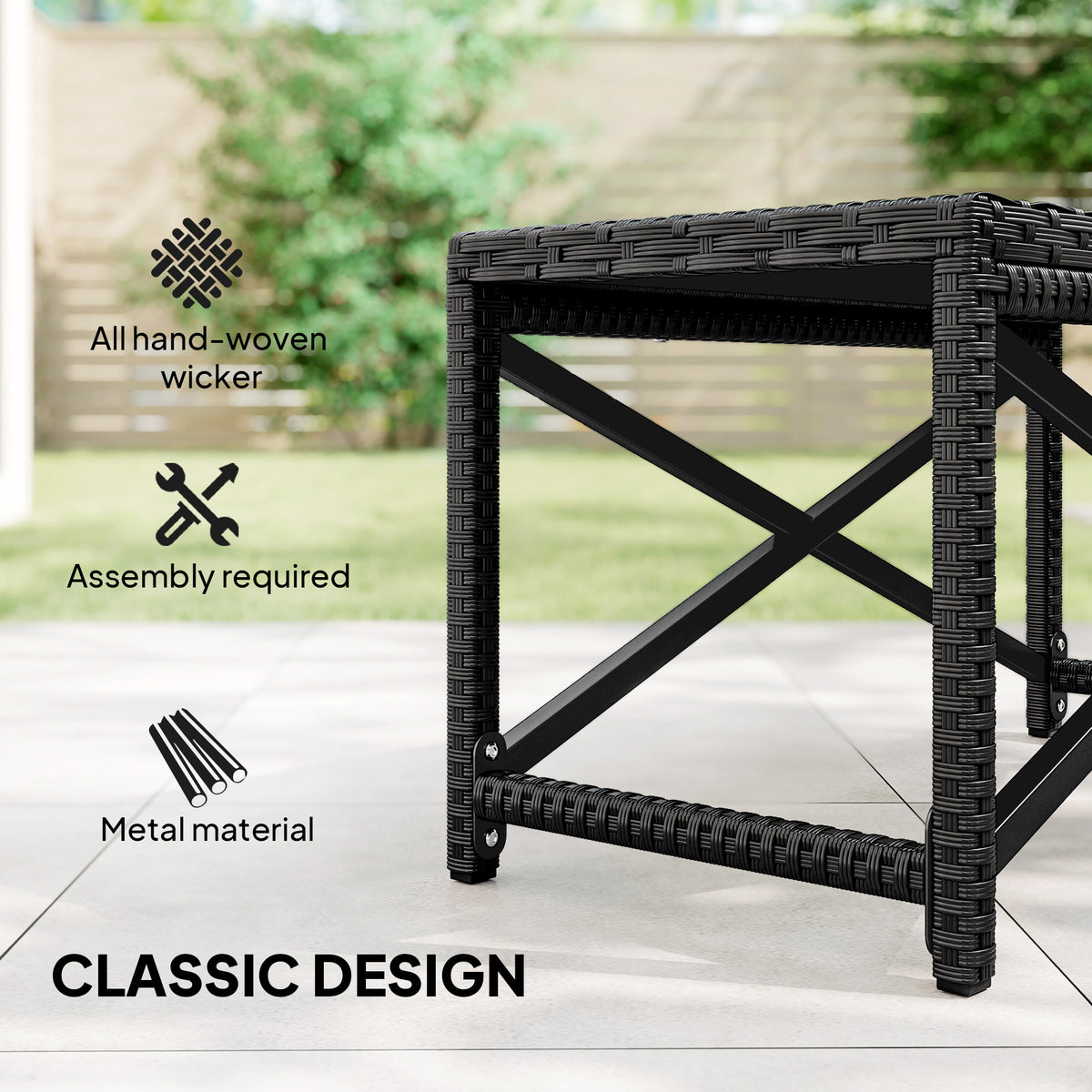Outdoor coffee table corner view with black woven top and X-cross support frame