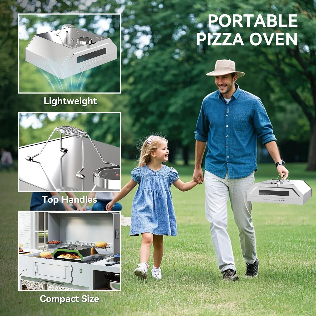 Portable stainless steel pizza oven with top handles for easy carrying