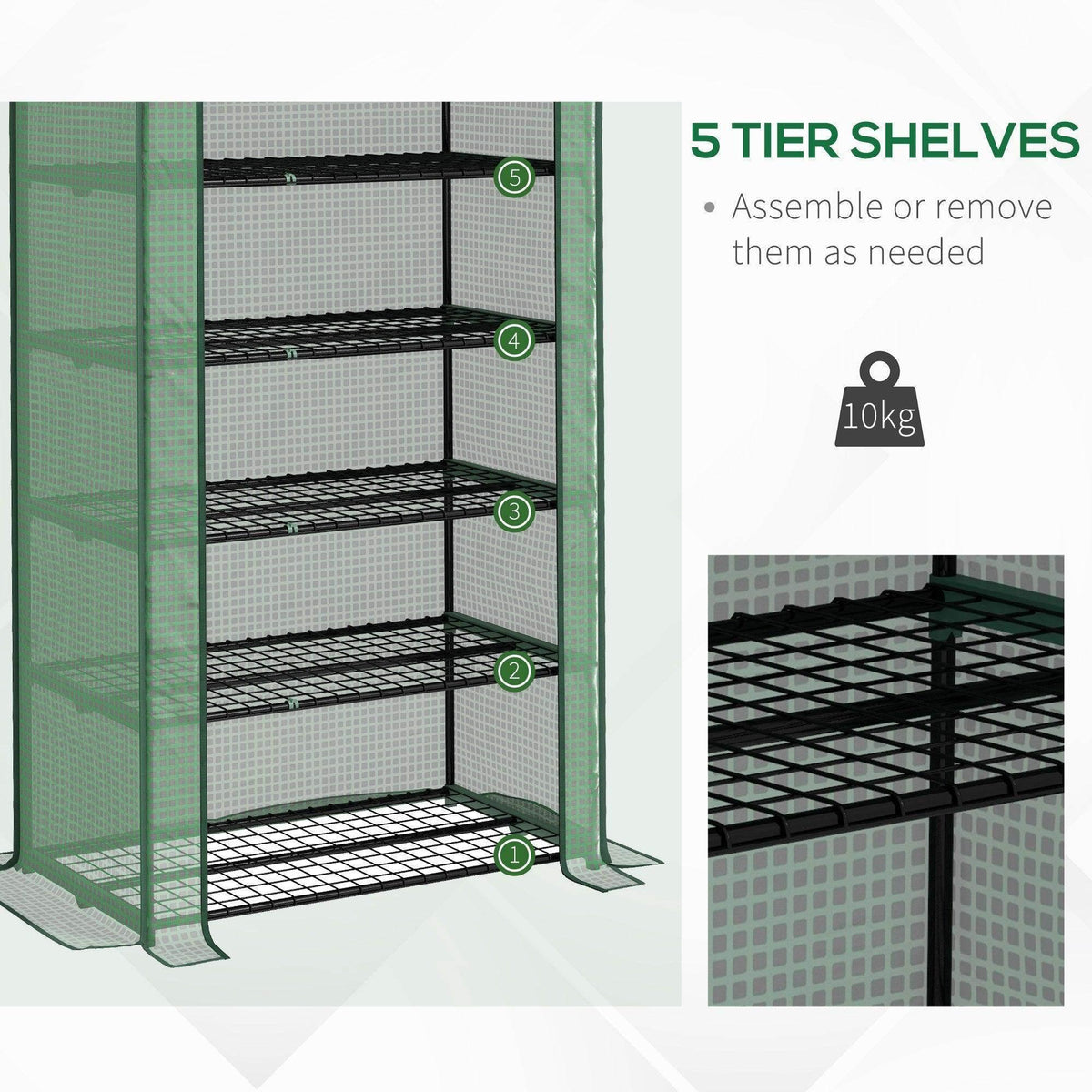 Green 5-tier wire shelf mini greenhouse with assembly/removable shelf hooks shown