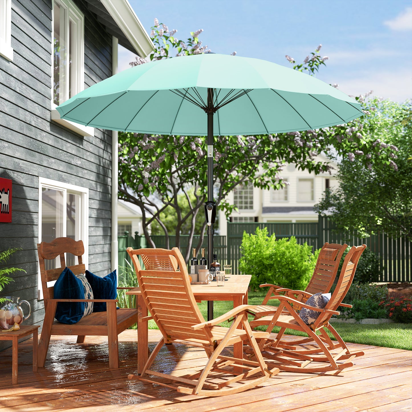 Outsunny 2m Shanghai Garden Parasol Umbrella With 16 Fibreglass Ribs Turquoise Crank Tilt Sun Shade