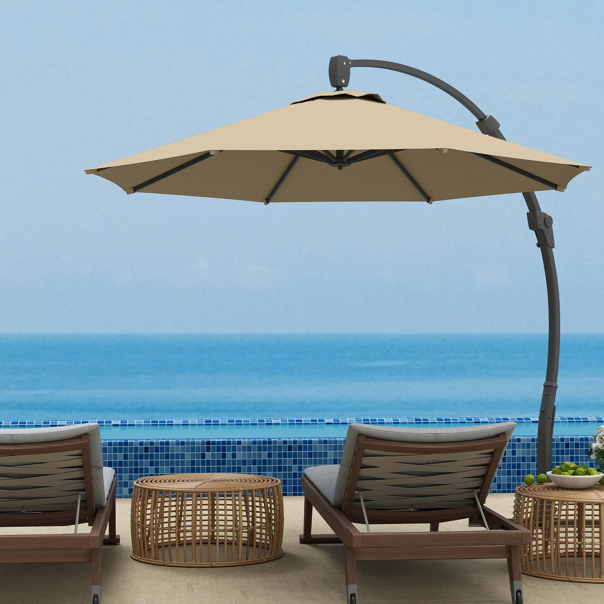 Khaki cantilever patio parasol with curved arm and round canopy over outdoor chairs