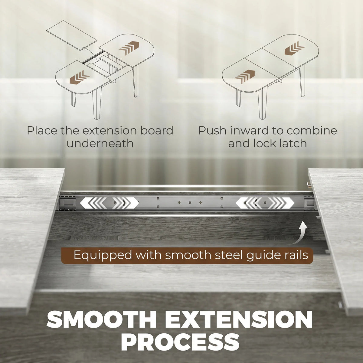 Grey wood-effect extendable oval dining table with hidden extension rails underside detail.