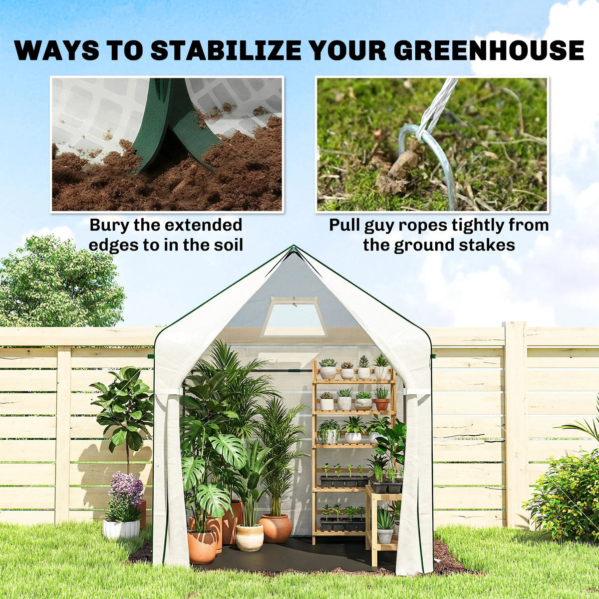 Greenhouse installation with anchored PE base using ground stakes and soil edges around unit.