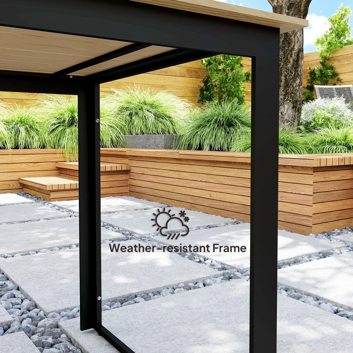 Outdoor dining table with slatted teak-colored top and sturdy black metal frame, corner view.