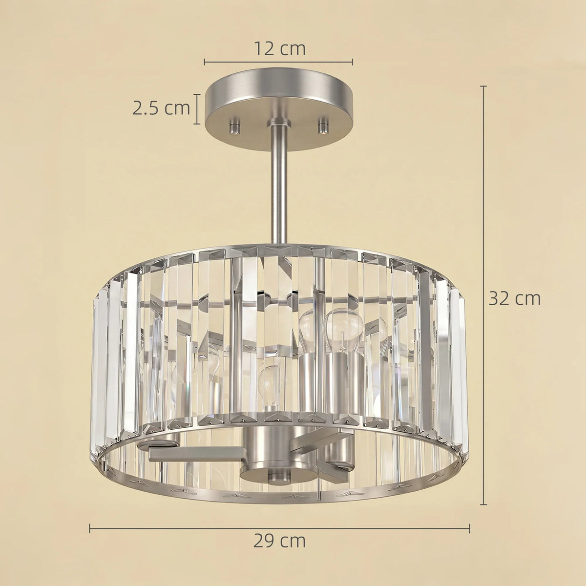 Silver semi flush crystal chandelier with clear prism glass drum and round ceiling canopy