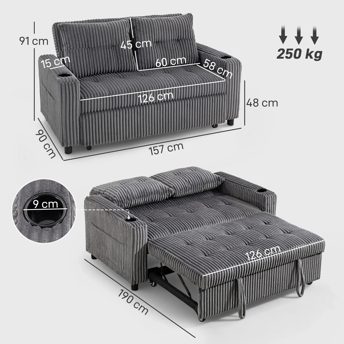 Charcoal grey corduroy sofa bed with pull-out bed frame and extended mattress