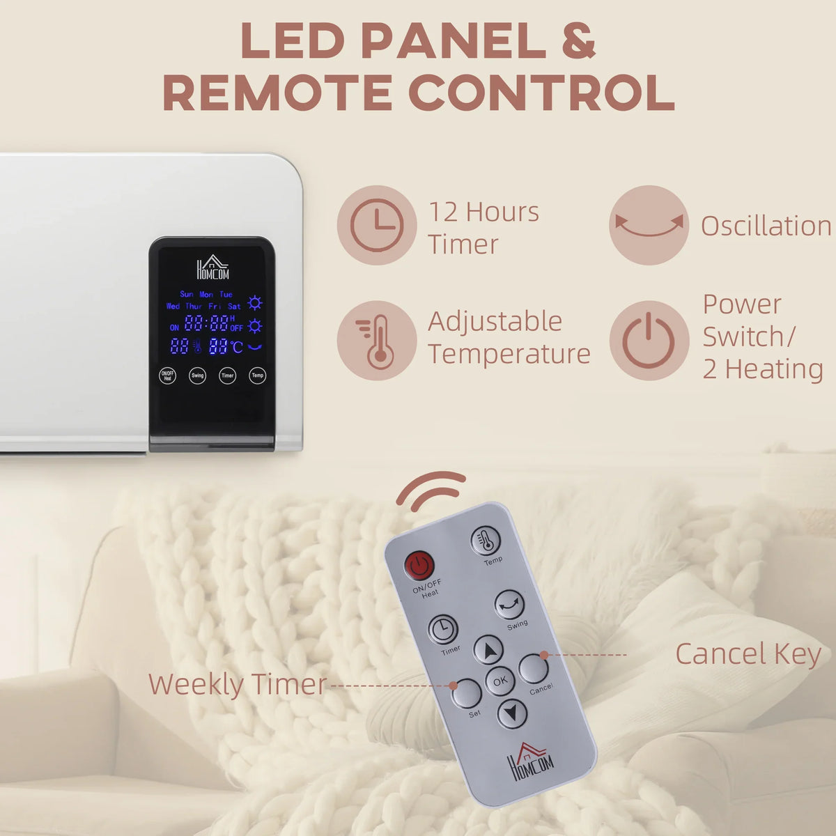 White wall heater with digital panel and matching remote control for temperature settings