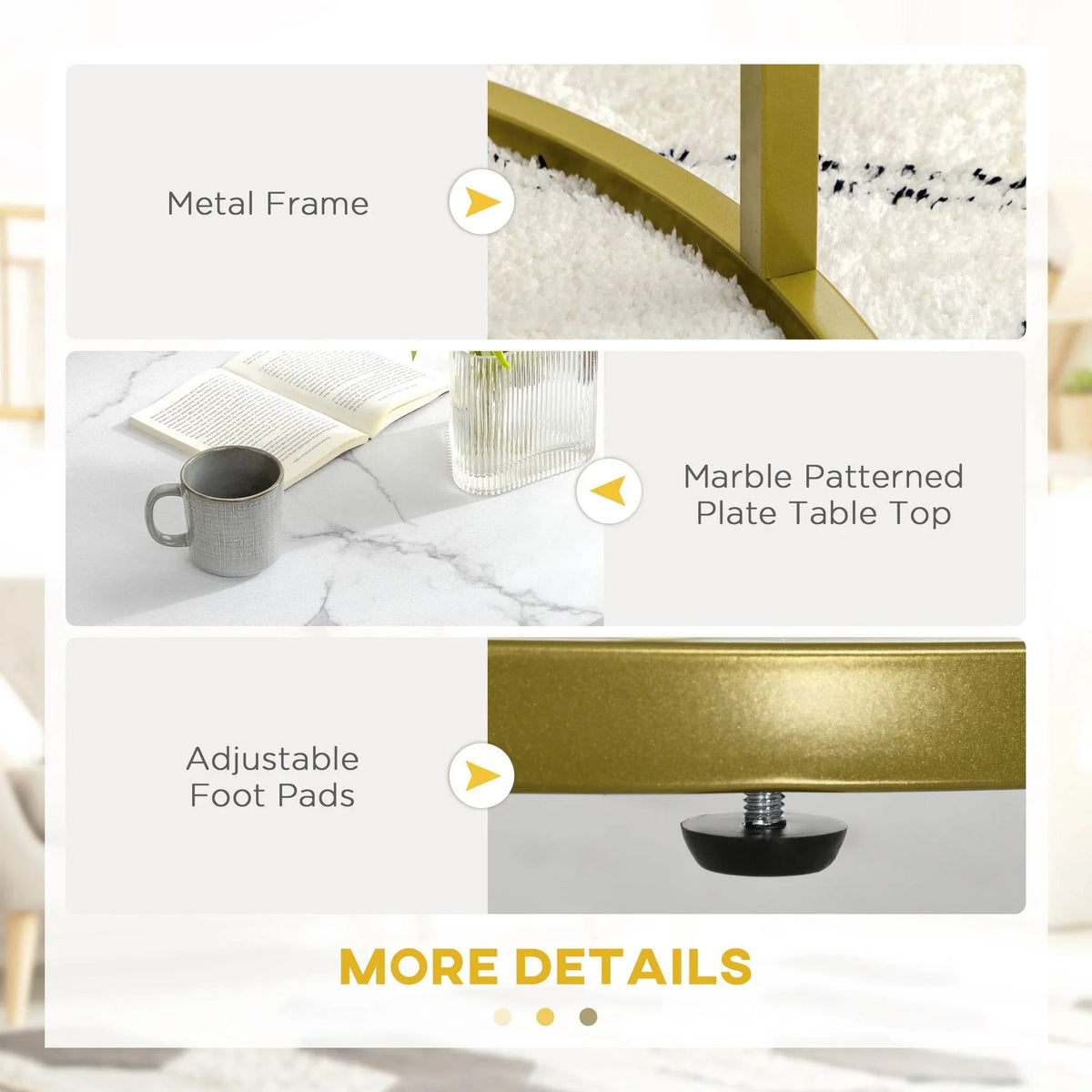 Nesting coffee table set with faux marble top, gold metal frame, adjustable foot pads