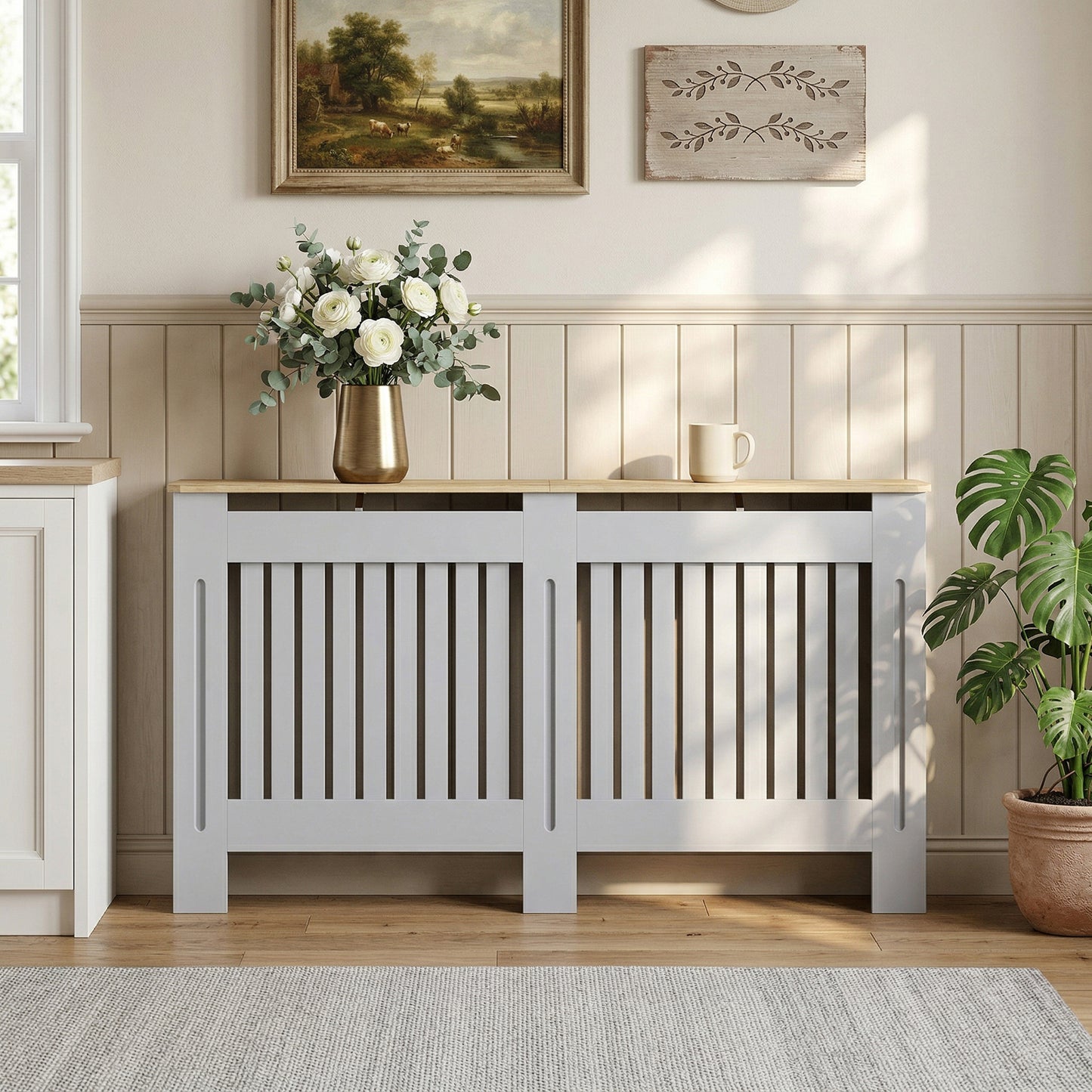 HOMCOM Slatted Radiator Cover Painted Cabinet with Line Grill Design 152L x 19W x 81H cm Grey