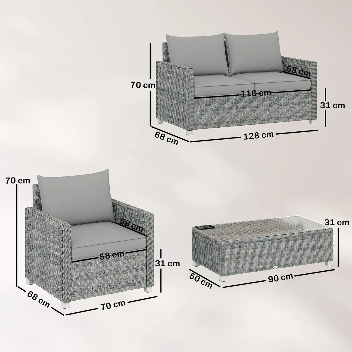 Grey rattan loveseat and armchair dimension diagram with cushions and armrests