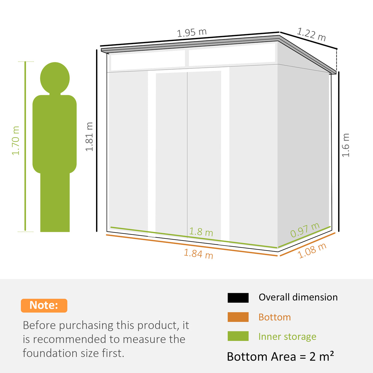 Light grey metal shed size diagram with overall dimensions and bottom area for storage