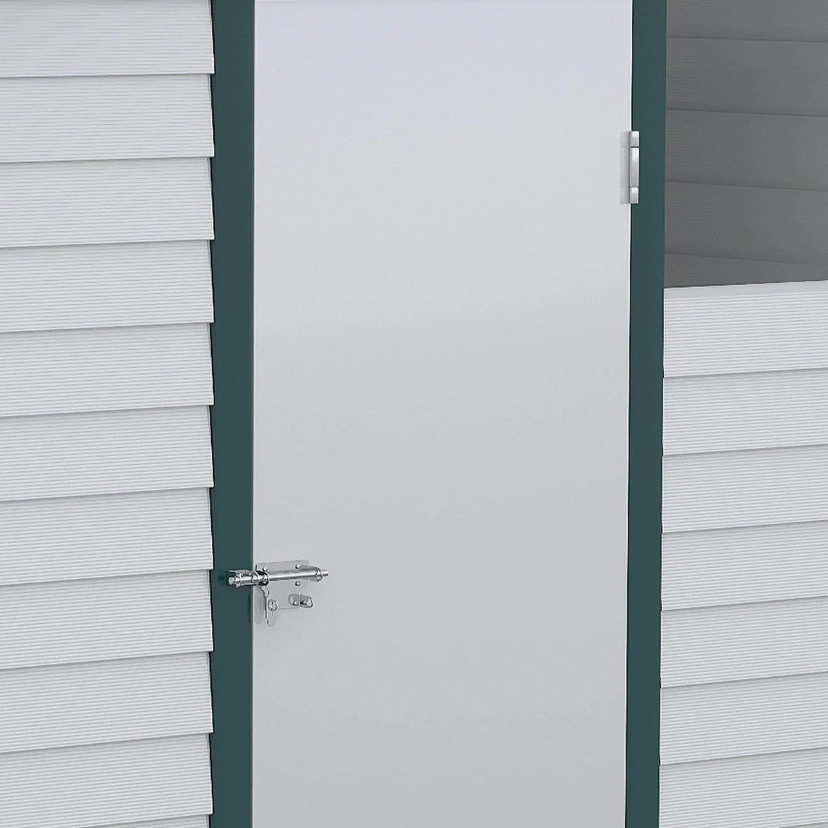 Green metal shed front door with latch and hinges on gray wall panels