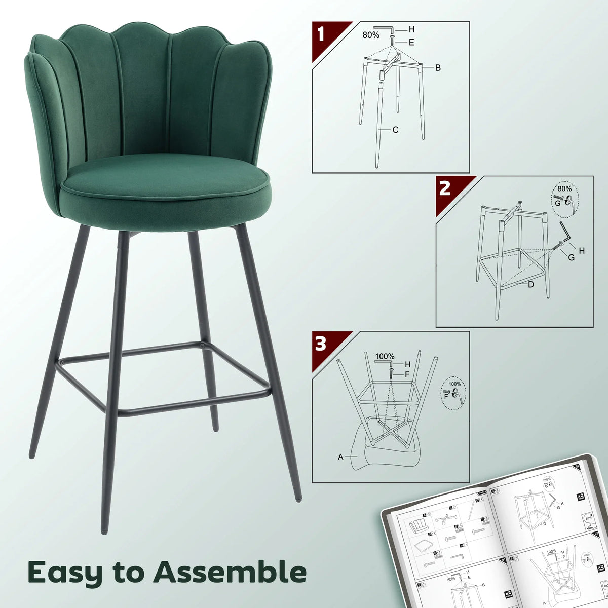 Dark green velvet-feel bar stool with high back, dense seat cushion, and assembly diagram