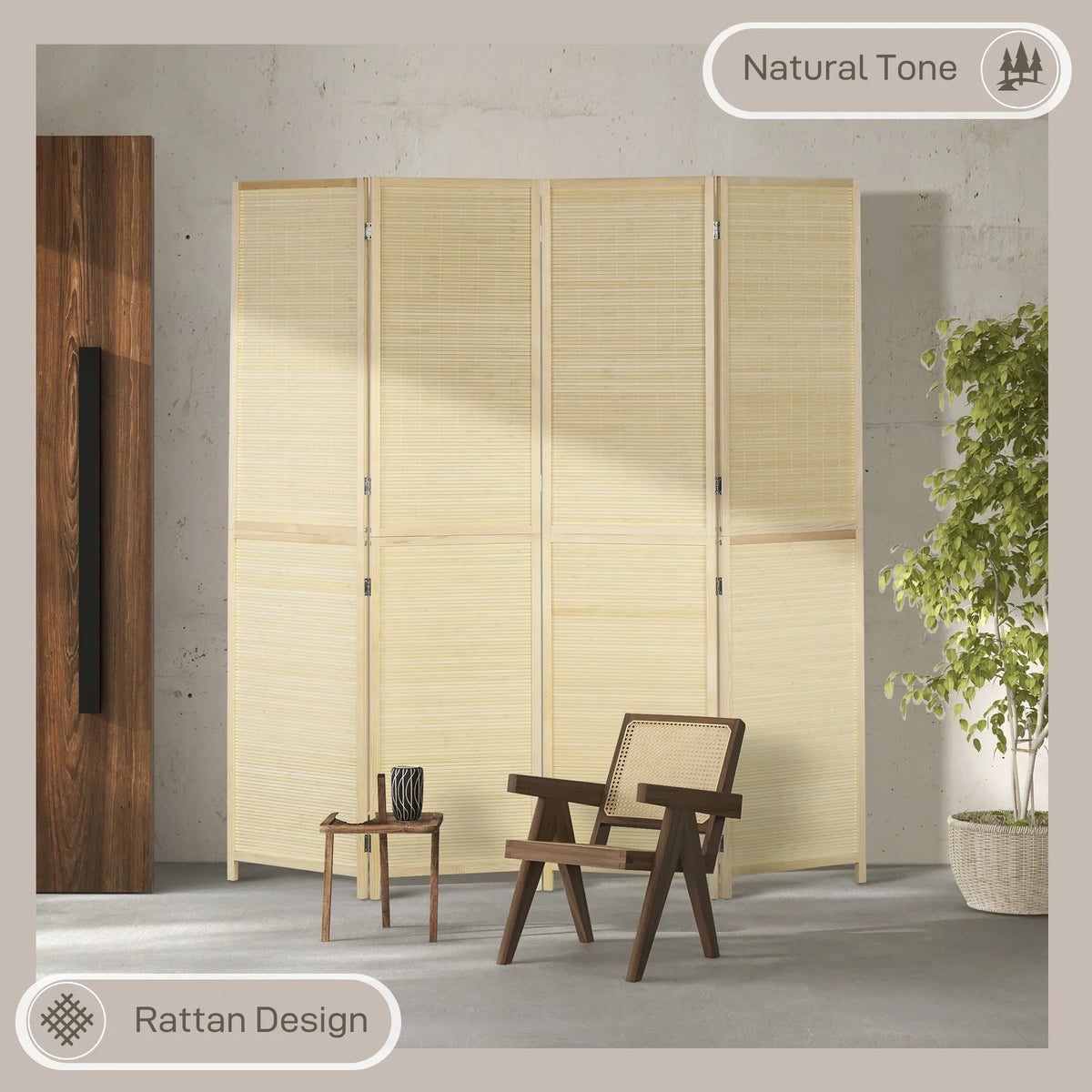 Natural bamboo 4-panel folding room divider privacy screen with slatted panels