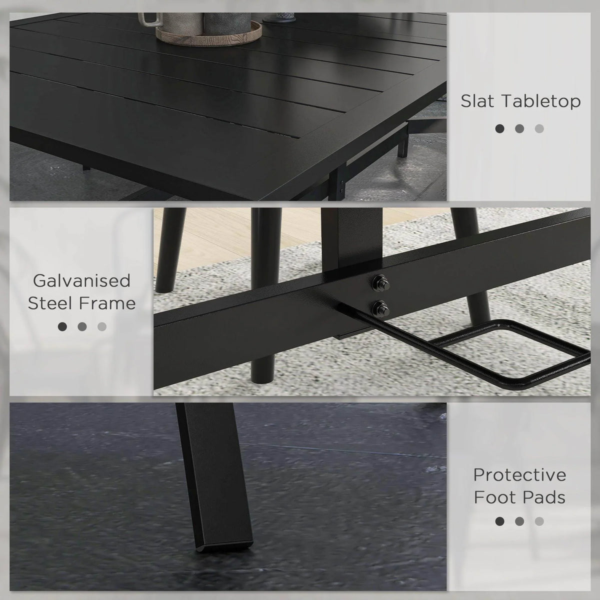 Black slat tabletop with galvanized steel frame and protective foot pads
