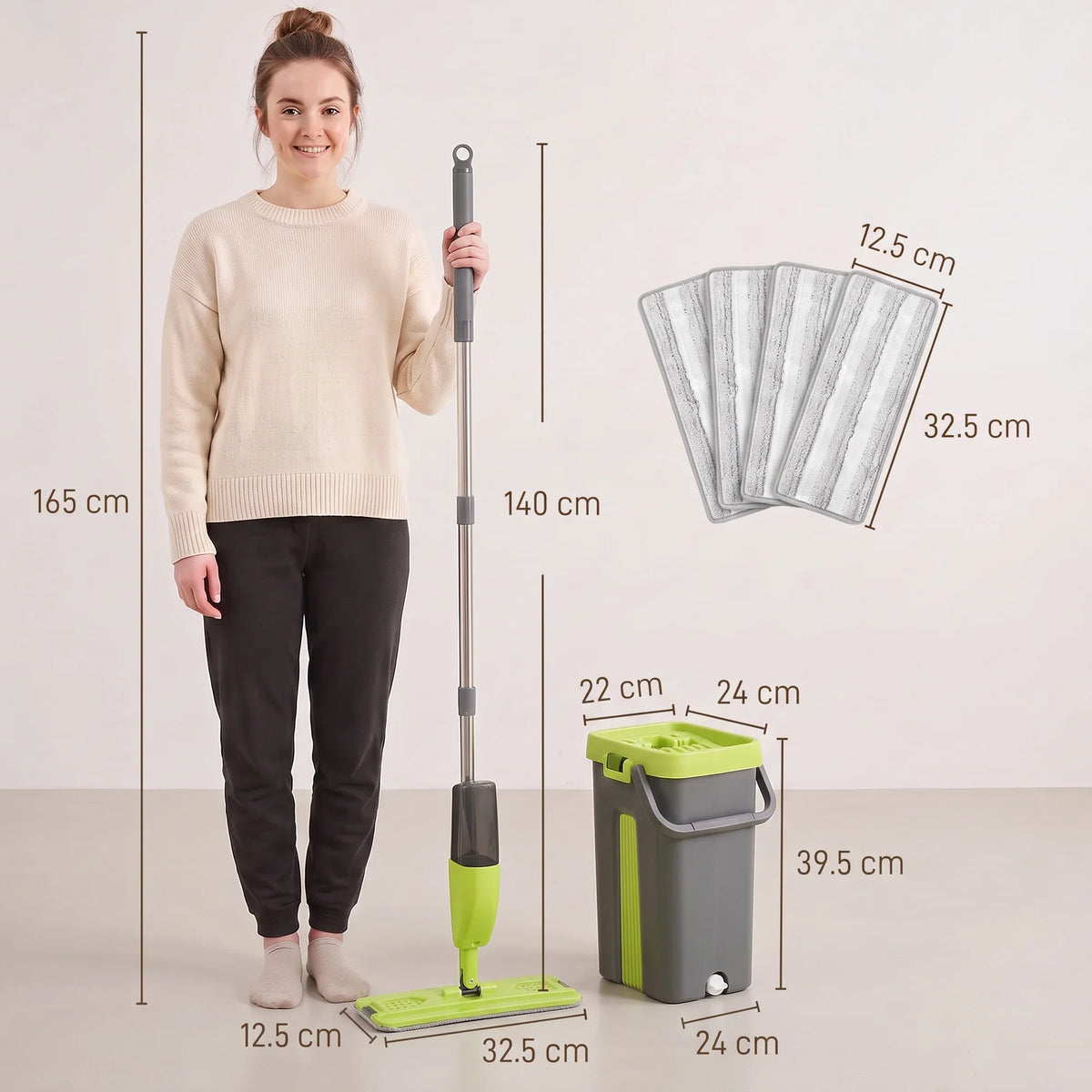 Measuring view of flat mop handle, mop pad, and two-chamber wringing bucket