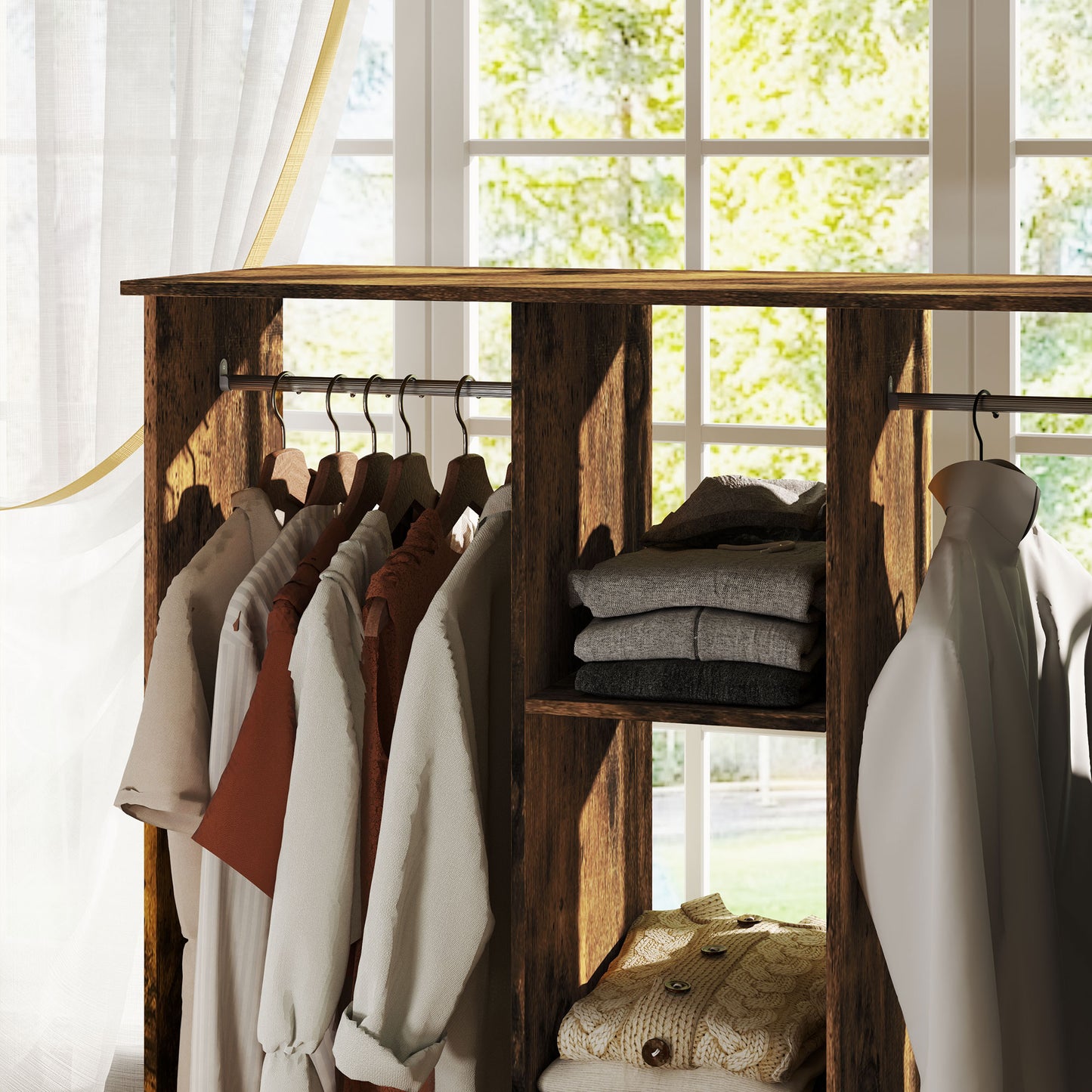 HOMCOM Open Wardrobe Double Mobile Storage Shelves Organizer With 6 Wheels Rustic Brown