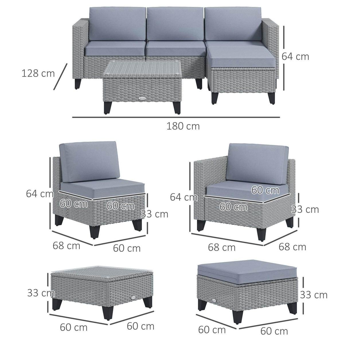 Outsunny grey rattan patio furniture set diagram: corner sofa, footstools, coffee table