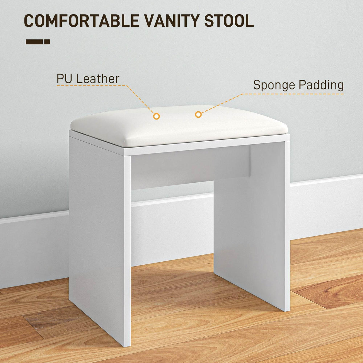 White vanity stool with padded top and open shelf base frame