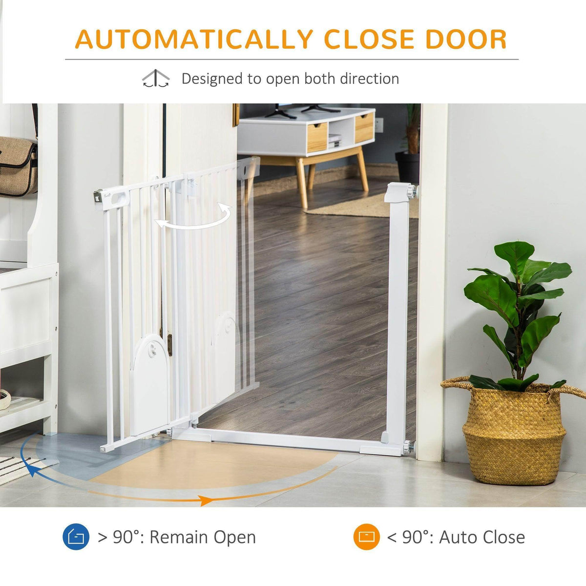 Pet safety gate with auto-close door feature designed for opening both directions